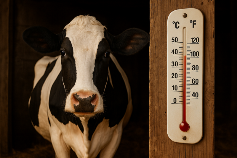 Dairy cow next to thermometer – barn climate in livestock farming affecting temperature, heat stress, and animal welfare