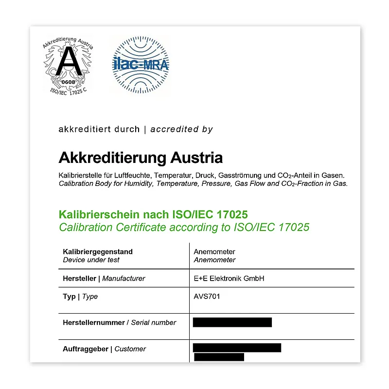 展示 AVS701 高精度空气和气体流速传感器精度的校准证书 | E+E Elektronik