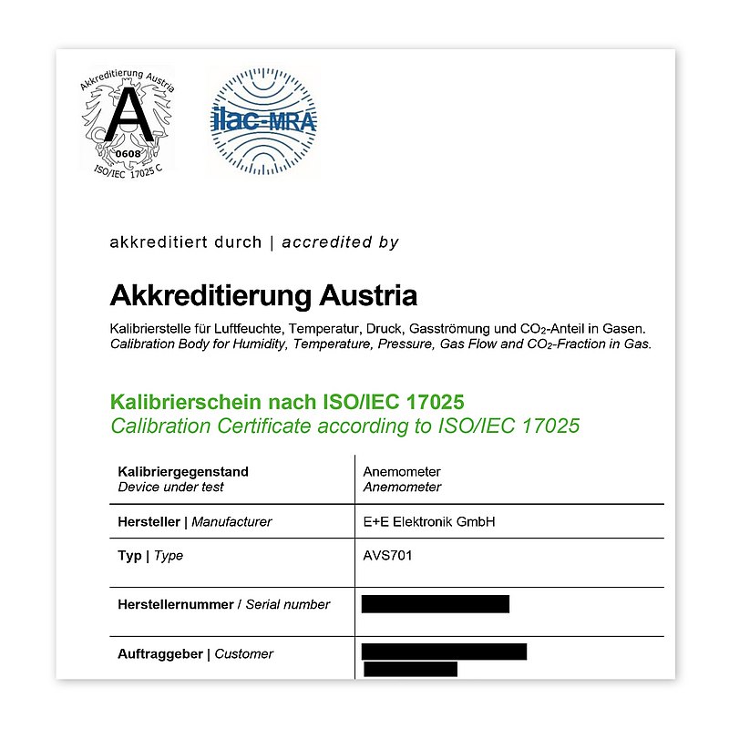 展示 AVS701 高精度空气和气体流速传感器精度的校准证书 | E+E Elektronik