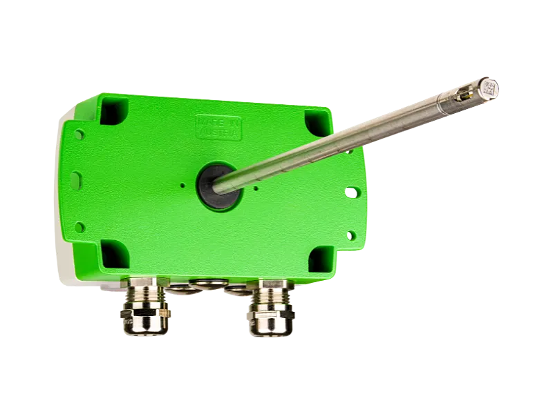 管道安装型 AVS701 空气和气体流速传感器背面视图，压铸铝外壳 | E+E Elektronik