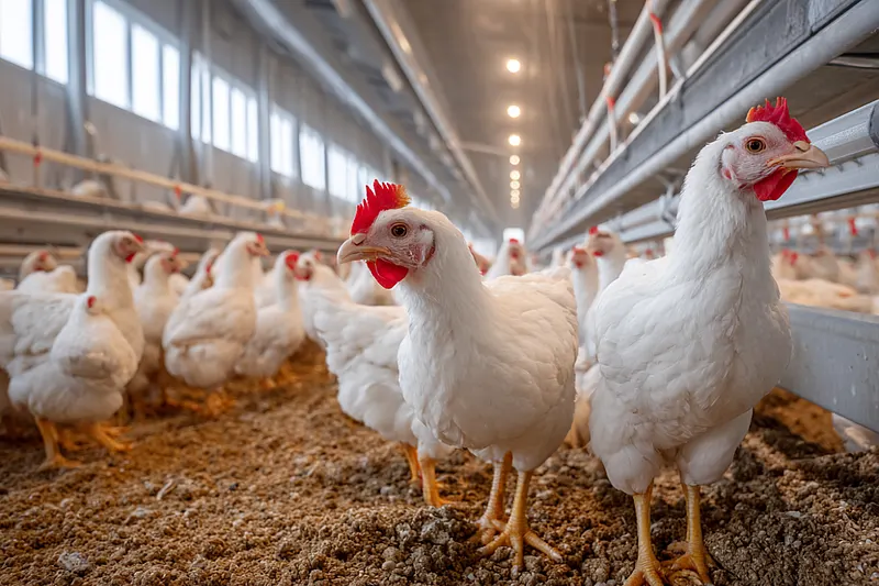 White broiler chickens in a bright, well-ventilated barn with an automatic feeding system