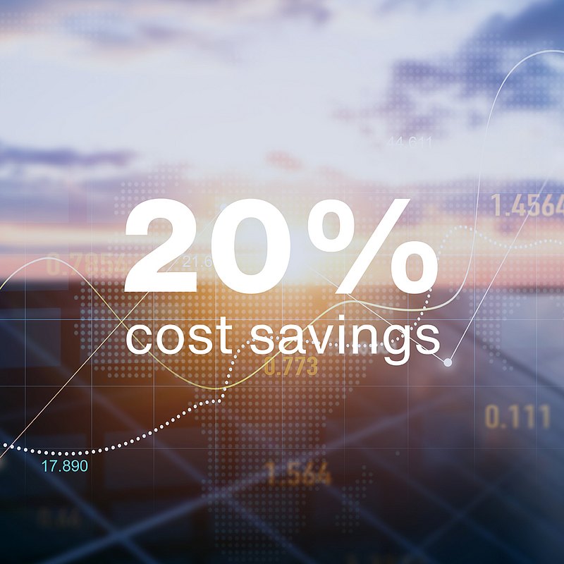 20 % cost savings written on a background of blurred solar panels and a sky plus numbers and graphs