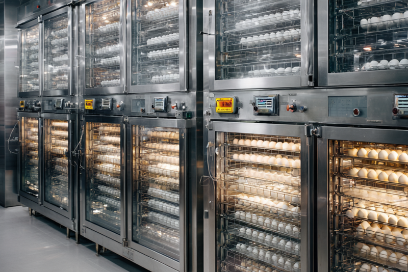 Multiple rows of chicken eggs in a modern stainless-steel incubator