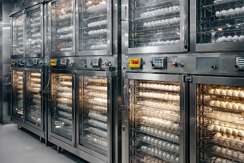 Multiple rows of chicken eggs in a modern stainless-steel incubator