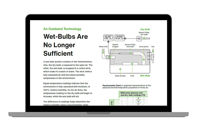 笔记本电脑屏幕显示了一份数字指南，关于传统干湿球测量系统与 HTS801 数字湿度传感器在窑炉干燥中的应用比较