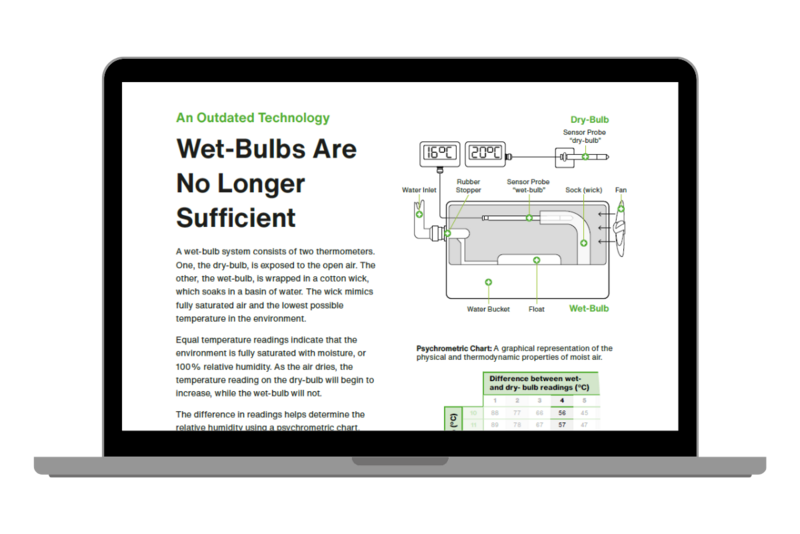 Laptop screen displaying a digital guide comparing traditional wet-bulb systems with the HTS801 digital humidity sensor for kiln drying.