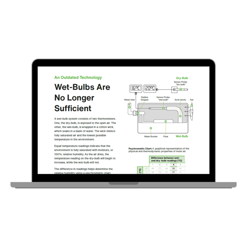 Laptop screen displaying a digital guide comparing traditional wet-bulb systems with the HTS801 digital humidity sensor for kiln drying.