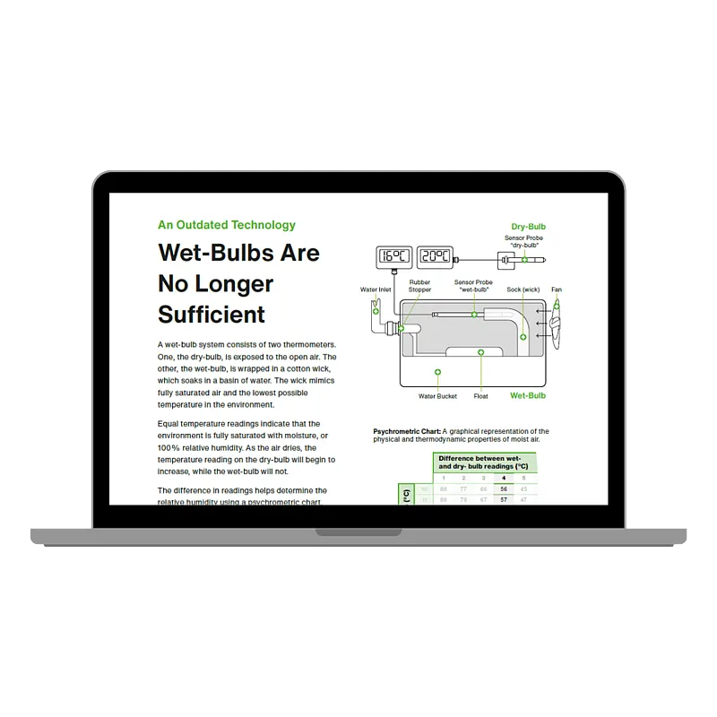 Laptop screen displaying a digital guide comparing traditional wet-bulb systems with the HTS801 digital humidity sensor for kiln drying.