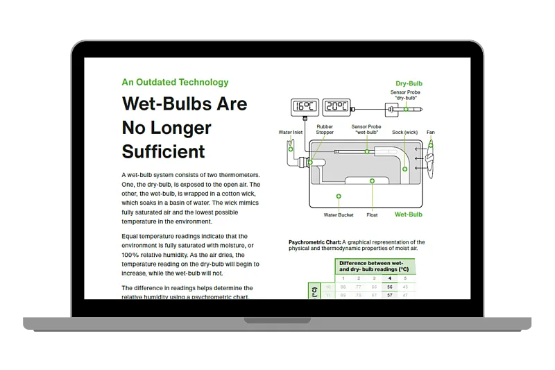 Laptop screen displaying a digital guide comparing traditional wet-bulb systems with the HTS801 digital humidity sensor for kiln drying.