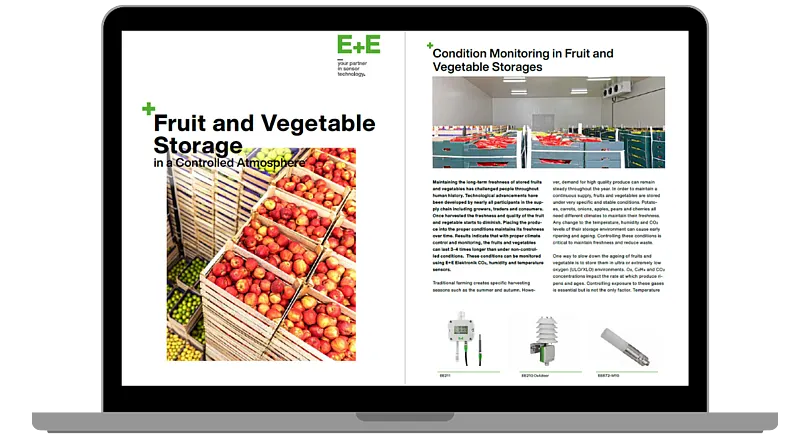 Laptop displaying the brochure “Fruit and Vegetable Storage in a Controlled Atmosphere” by E+E Elektronik