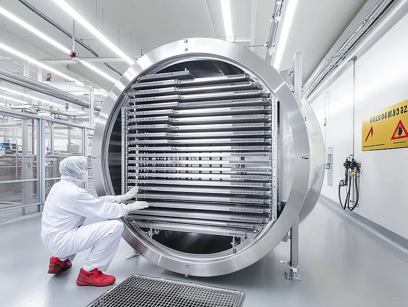 Cleanroom technician handling a multi-shelf freeze dryer in a sterile environment.