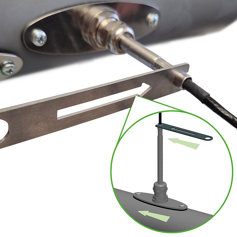 配备对准工具的 AVS701 远程探头安装图，用于快速精确定位 | E+E Elektronik