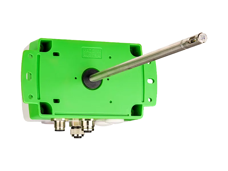 管道安装型 AVS701 空气和气体流速传感器背面视图，聚碳酸酯外壳 | E+E Elektronik