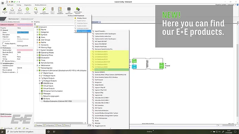 The current version of the Loxone Config control software offers Modbus templates for a variety of E+E sensors.