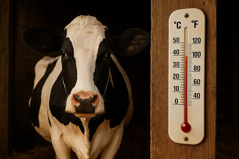 Dairy cow next to thermometer – barn climate in livestock farming affecting temperature, heat stress, and animal welfare
