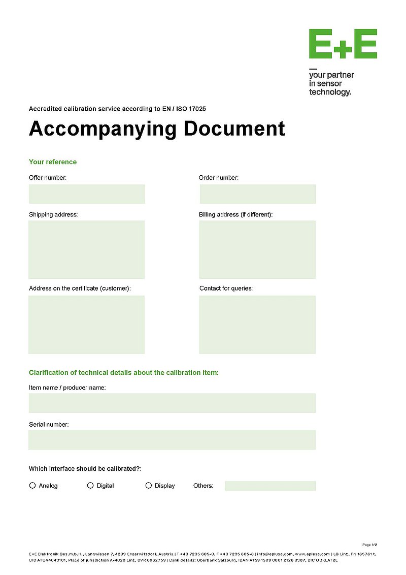 Accompanying slip for accredited calibration service