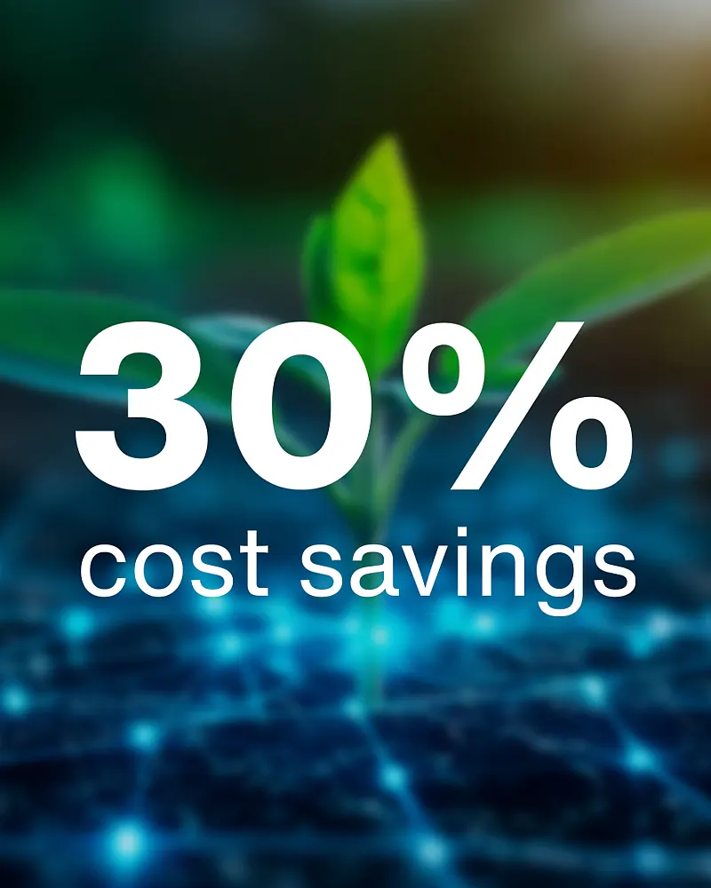 农业中节省 30% 成本 – 带有嫩芽的数字植物网络，象征经济高效的气候控制。