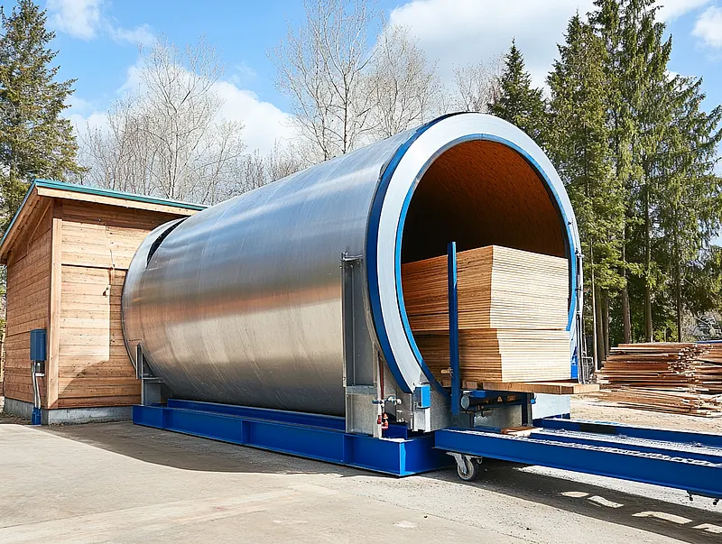 Industrial vacuum drying chamber with stacked wooden boards for low-temperature drying.