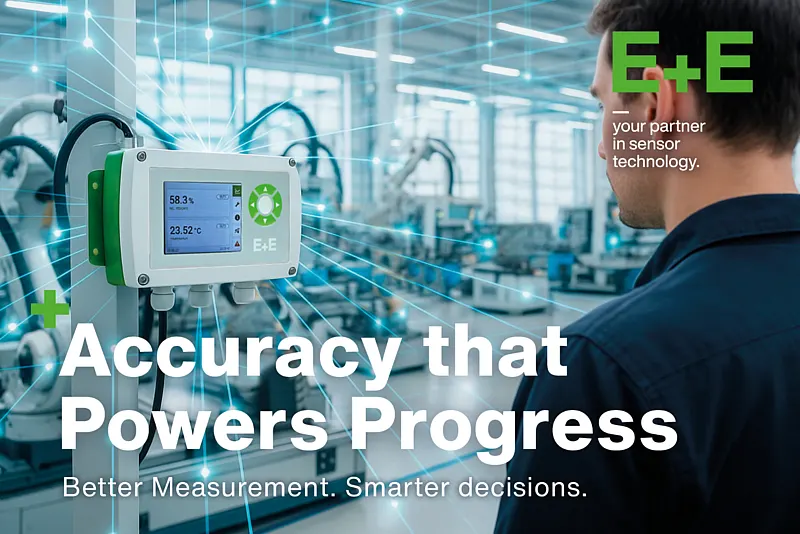 Key Visual for SPS 2025 | Accuracy that Powers Progress | The image captures a worker focused on a measurement device, highlighting the importance of accuracy in sensor technology.